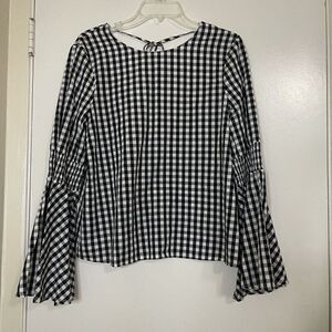 NWOT English Factory white black plaid gingham bell sleeve blouse top Medium